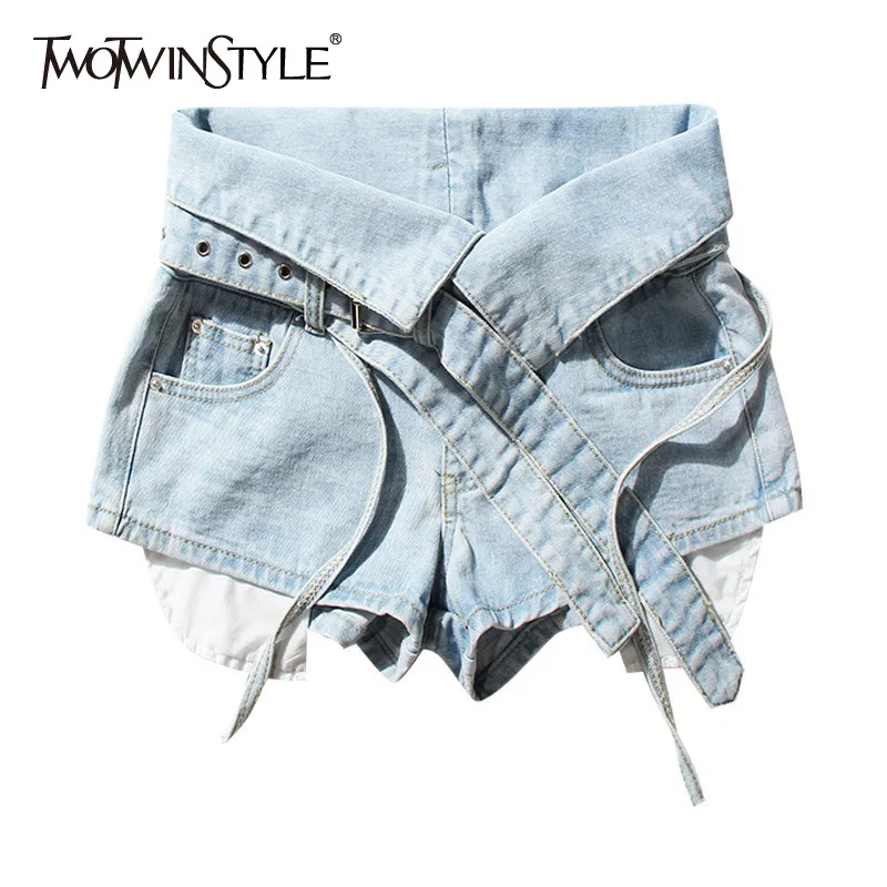 TWOTWINSTYLE пояса шорты для женщин женские джинсовые высокая талия лоскутное