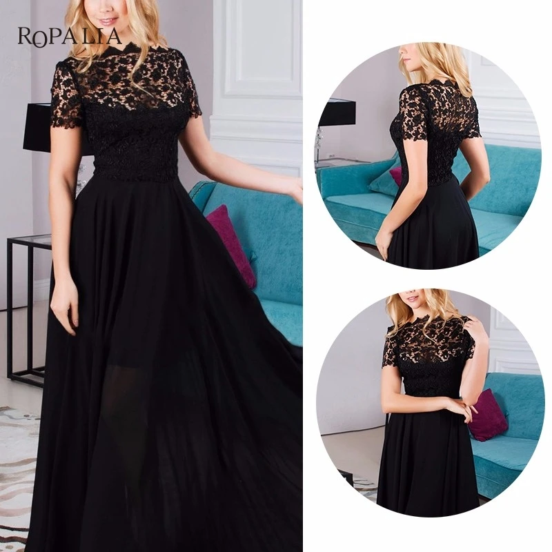 Модное женское кружевное платье макси, летнее сексуальное официальное платье с коротким рукавом, элегантное черное кружевное платье с цветочным принтом, вечерние платья, длинное платье