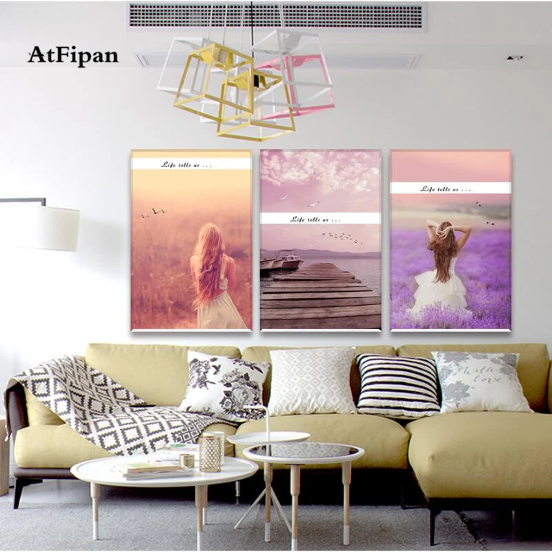

AtFipan 3 Panel Unframed Nordic Style Romantic Canvas Painting Warm Sunshine Wall Art Posters and Pictures Beaty Girl Prints