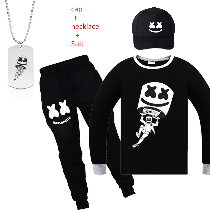 

2019 New Boys marshmello dj mask Children Summer Girls Clothes Cartoon Kids Pure Cotton Clothing Set Cap+necklace+T-shirt+Pants
