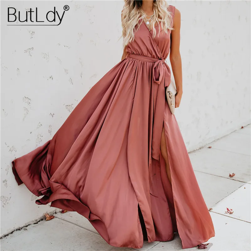 

Off Shoulder Long Maxi Dress Women Summer 2019 V Neck Sleeveless Party Club Dress Gown Split Casual Chiffon Floor-Length Dress