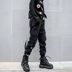 2019 черные женские брюки-карго с завышенной талией, лоскутные свободные уличные брюки-карандаш, модные женские брюки в стиле хип-хоп