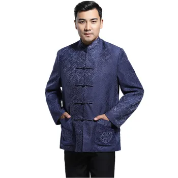 

Autumn New Navy Blue Men Cotton Jacket Chinese Style Kung Fu Coat Vintage Totem Outwear Size M L XL XXL XXXL