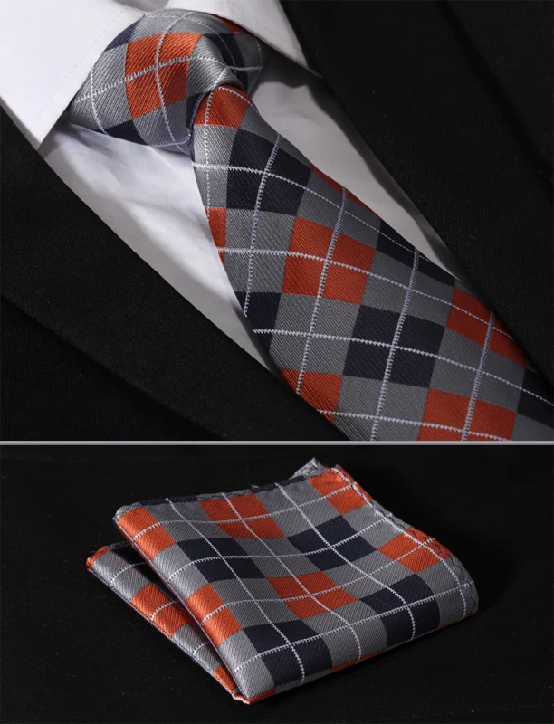 

TC4033N8 Orange Blue Gray Check 3.4" Silk Lots Wedding Gravata Jacquard Mans Tie Necktie Pocket Square Handkerchief Set Suit