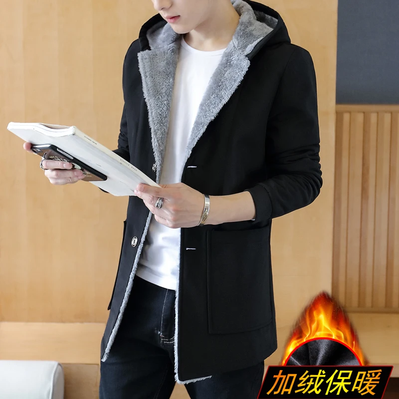 

Thickening plus velvet warm windbreaker jacket men solid color casual hooded winter trench coat men's clothing size m-5xl FY1