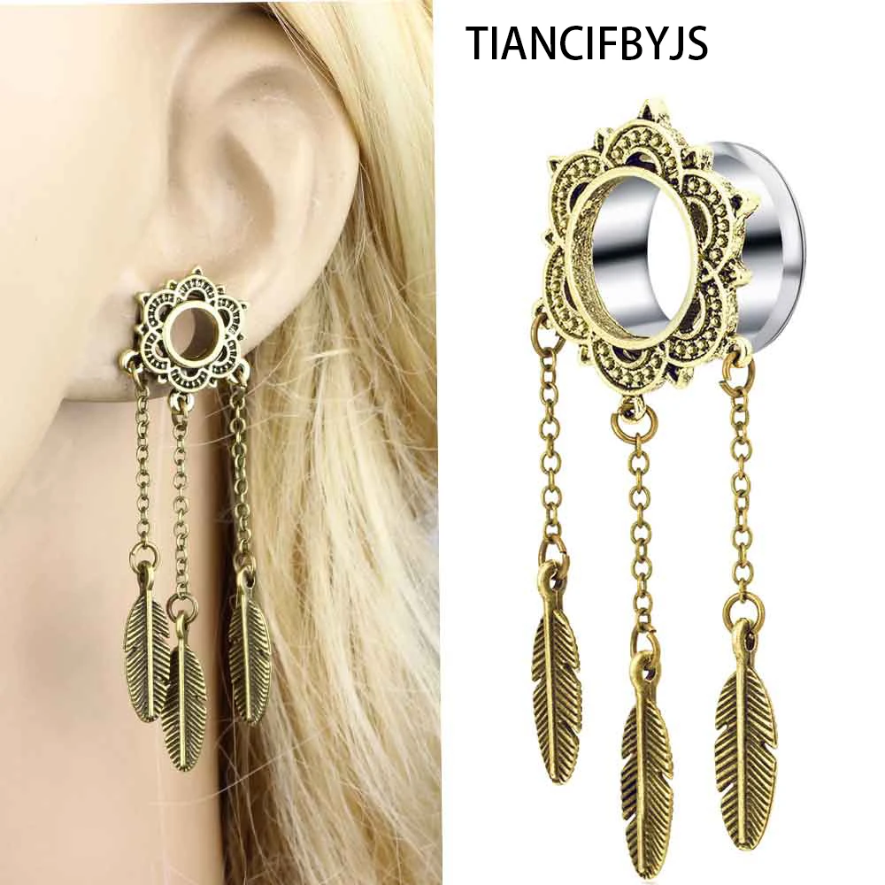 TIANCIFBYJS Earring Dangle Feather Ear Tunnel Plugs Stainless Piercing