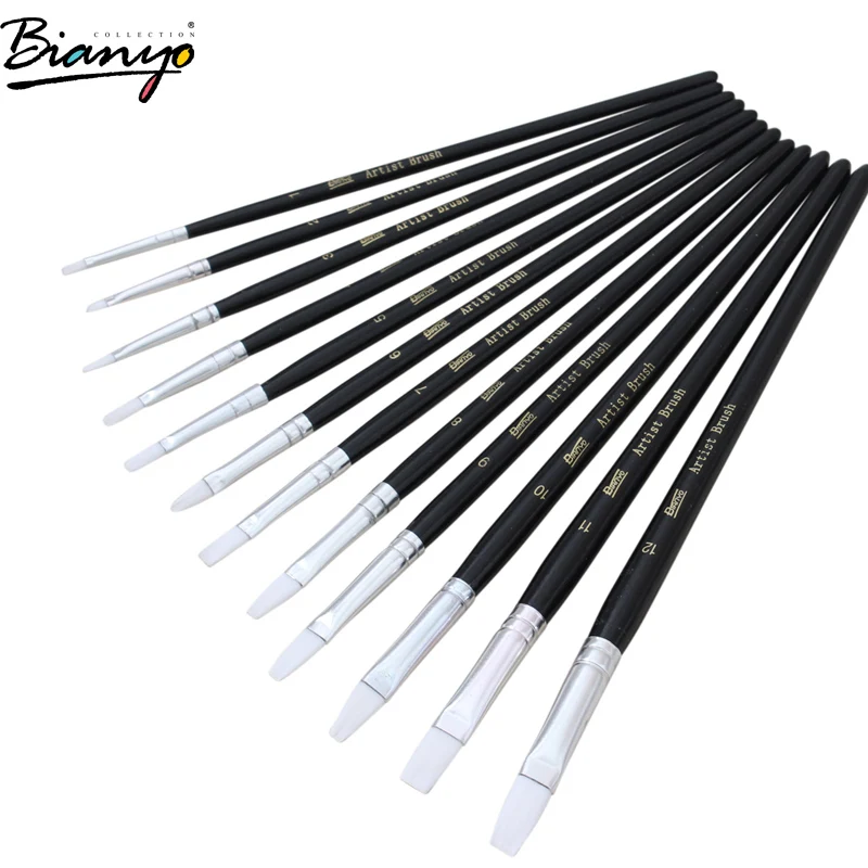 Bianyo 12Pcs Black Wooden Handle Flat Head Watercolor Brush Set Oil