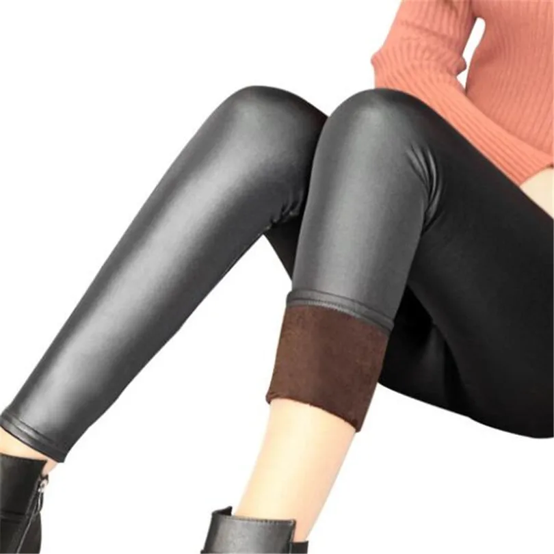 YSDNCHI Winter Leather Leggings Women Pants Elastic High Waist Warm Leggin Thick Velvet Pants Black Push Up leggings