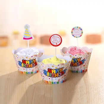 

free shipping 120pcs/lot=10bag paper cartoon birthday cake wrapper and cake topper birthday party cake decoration supplies