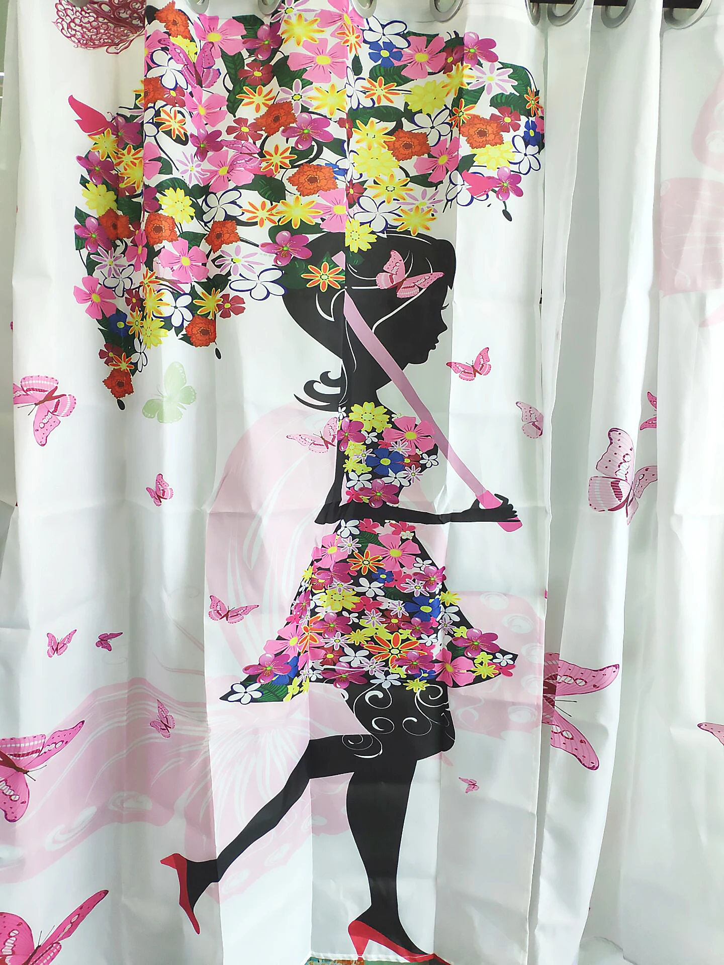 Girly Curtains Girl with Floral Umbrella and Dress Walking with Butterflies Inspirational Artsy Print Living Room Bedroom Decor