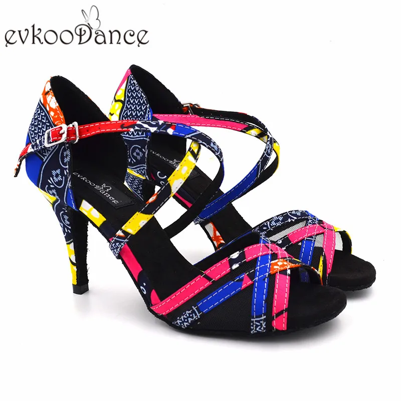 Ceny Zapatos De Baile czerwony kwiat satyna z czarna siatka Salsa Latin dla kobiet 8.5cm wysokość obcas profesjonalny rozmiar US 4 12 otwarty NL166