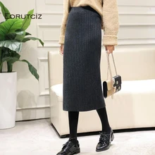 EORUTCIZ зимняя трикотажная юбка-карандаш Женская тонкая миди прямая юбка с высокой талией Осенняя Элегантная черная модная юбка LM221