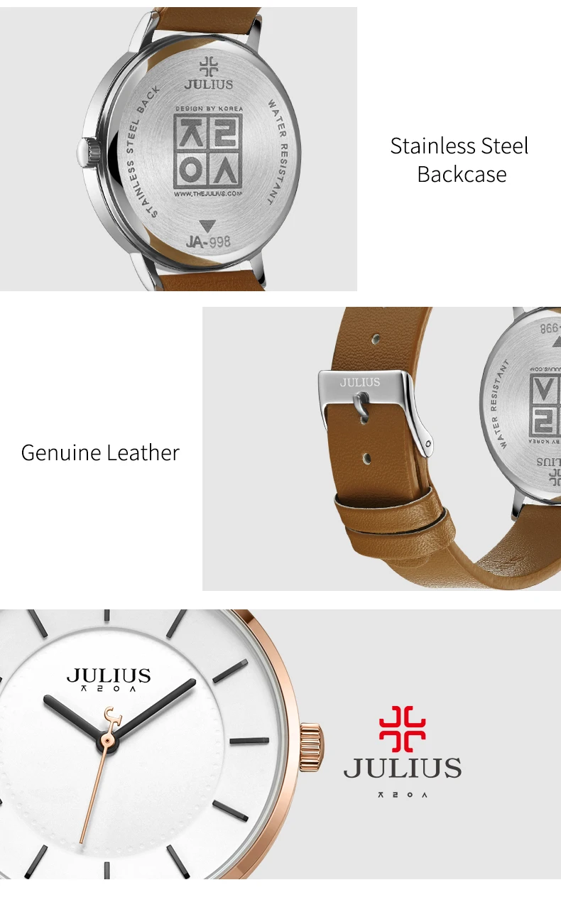 Осень новое поступление Julius Лидирующий бренд Для мужчин простой кварцевые часы серый кожаный ремешок Montre Homme Повседневное Whatch унисекс JA-998