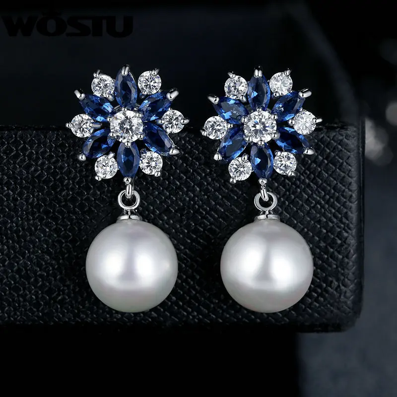 Wholesale Luxury Silver Color Drop Earrings With Sparkling Blue