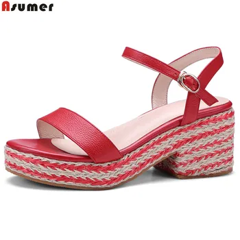 

ASUMER apricot red fashion ladies summer shoes buckle square heel casual platform women genuine leather high heels sandals
