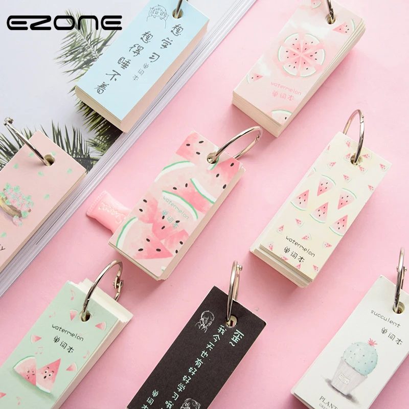 

EZONE 1PC Coil Mini Notebook Loose Leaf Blank Pages Memo Pad Strawberry/Potted/Watermelon Pattern Portable Vocabulary Book