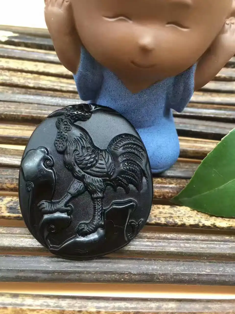 

free shipping Natural Black Obsidian Carved Chinese Zodiac Cock Lucky Pendant + Rope Necklace