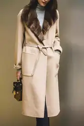 Arlenesain для женщин 2019, Новая Мода Пастель бежевый превосходное длинные Шерсть Шуба с большой норки меховой воротник