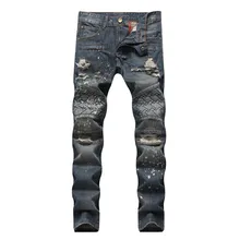 Дропшиппинг Ретро Мужские джинсы байкерские Модные мужские рваные Классический прямой крой джинсовые брюки