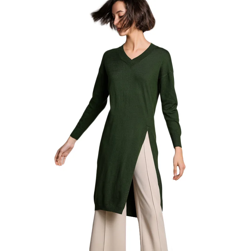 

2019 Spring Dress Women's Round Neck Wool Knit Knee-length Dress Vertical Line Half O-neck Wool Dress Women Long Sweaters Winter