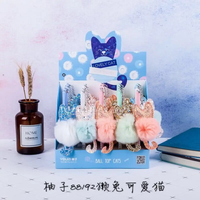 

24 pcs Gel Pens Cartoon Pendant hair Cat black colored gel-inkpens for writing Cute stationery office school supplies