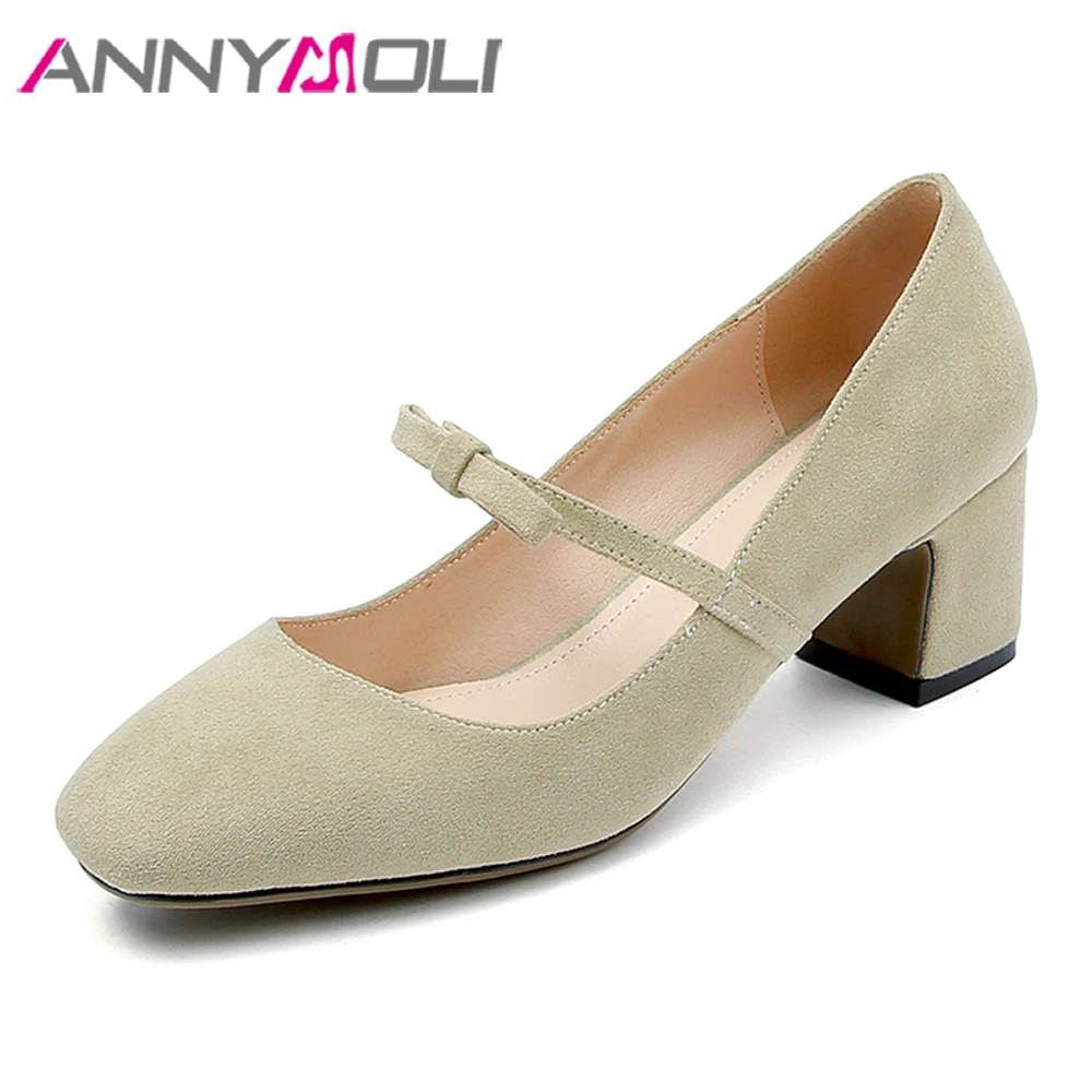 

ANNYMOLI Many Janes Shoes High Heels Women Bow Chunky High Heels Shoes Square Toe Party Pumps Lady New Spring Red Big Size 33-43