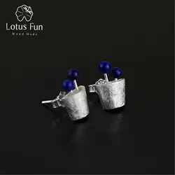 Lotus весело Настоящее стерлингового серебра 925 Природных Ляпис ручной работы Fine Jewelry завод фруктов серьги стержня для женщин brincos