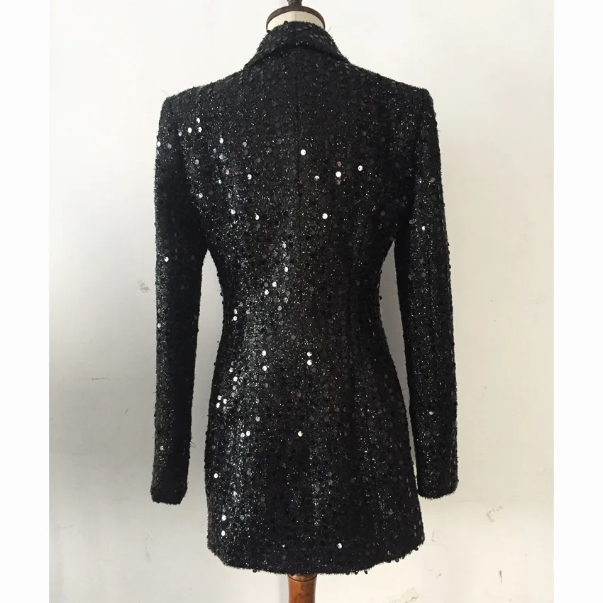Long Blazer Women  2019 New Spring Autumn Double Breasted Women's Jacket Coat Elegant Office Lady Long Sleeve Sequin Blazer 