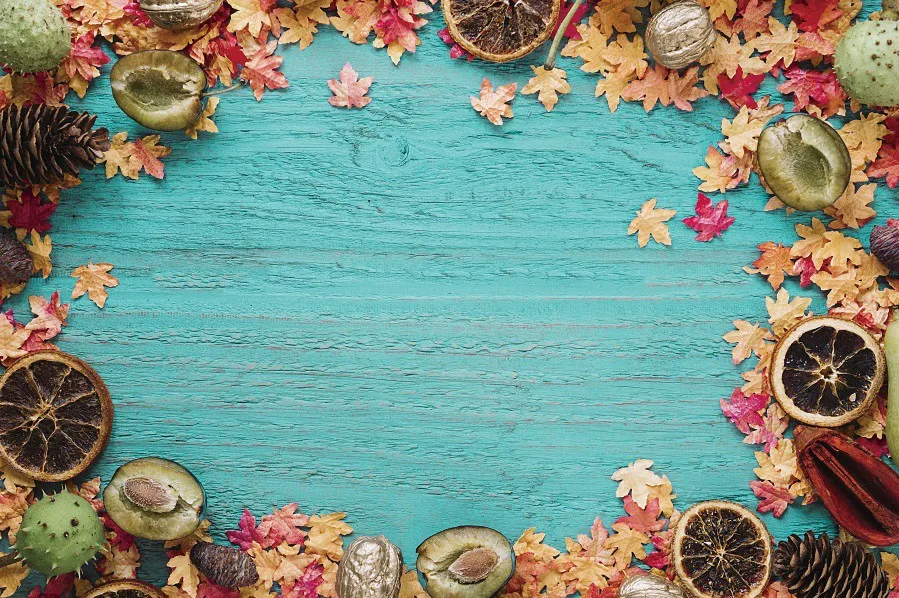 

Laeacco Wooden Board Yellow Leaves Lemon Slices Nuts Photography Background Customized Photographic Backdrop For Photo Studio