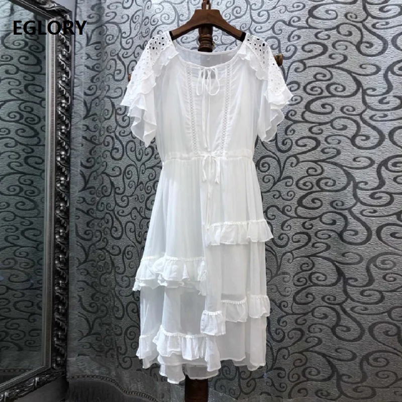 

100%Cotton Dress New 2019 Summer Fashion Sexy Dress Women O-Neck Hollow Out Embroidery Ruffle A-Line White Black Dress Beautful