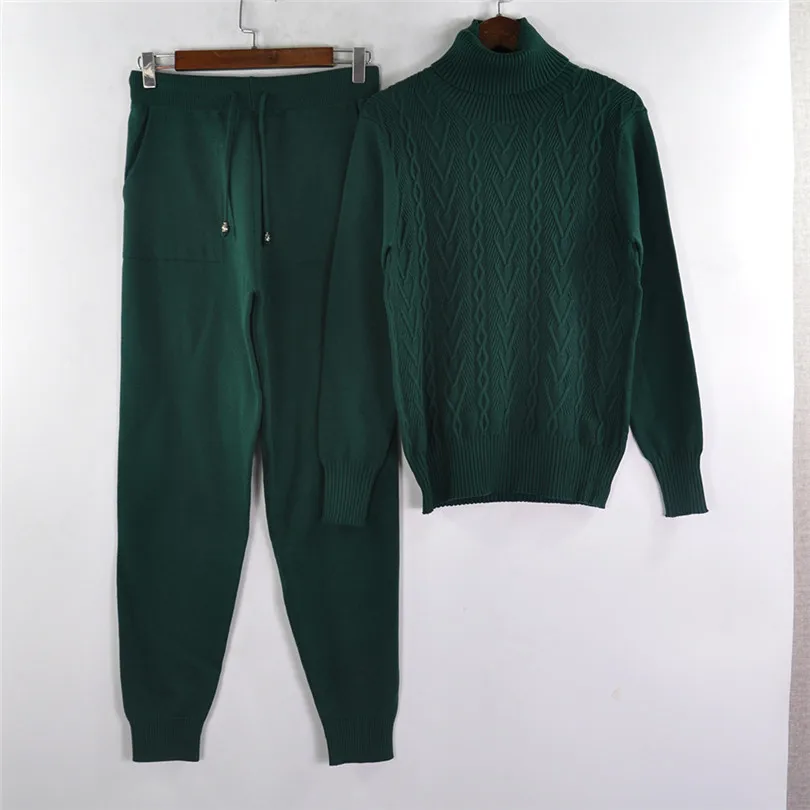 Taotrees вязаный спортивный костюм водолазка Повседневный свитер женский комплект из 2 предметов трикотажные брюки спортивный костюм женский - Цвет: Green