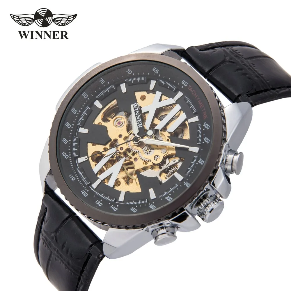 

WINNER Fashion Sport Watch Men Auto Mechanical Watches Skeleton Dial Leather Strap Super Roman Numerals Steampunk montre homme