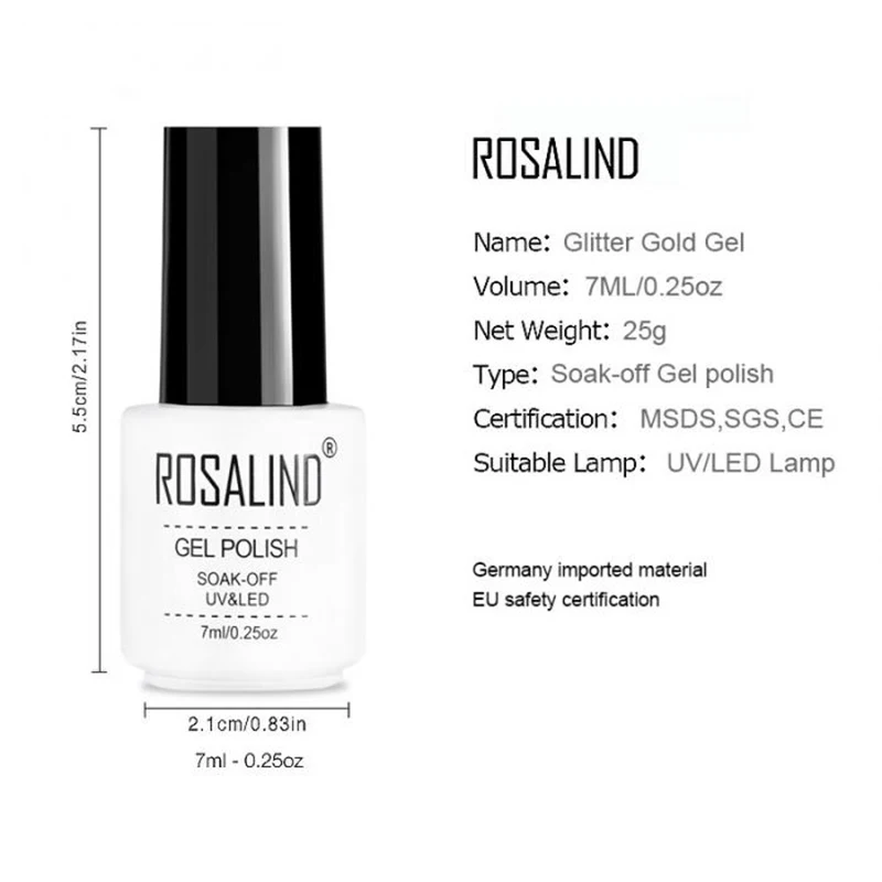 Rosalind 1 шт. Блестки УФ Led Гель-лак замочить от ногтей искусство блеск золотой цвет лак для ногтей для женщин Красота для ногтей Золотой УФ гель Varni