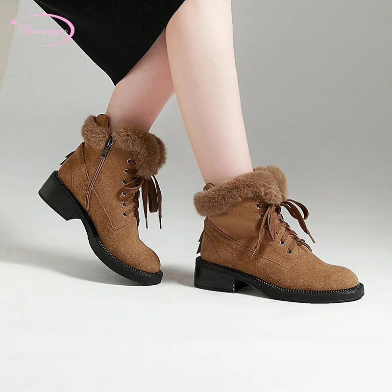 

South Korean college style genuine leather cow suede ankle boots rabbit hair lace-up thick medium heel women's motorcycle boots