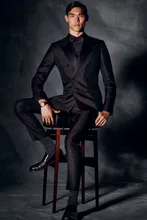 2016 Custom Made Dark Brown Men Wedding Prom Suits Double Breasted Black Lapel Tuxedos 2 Pieces