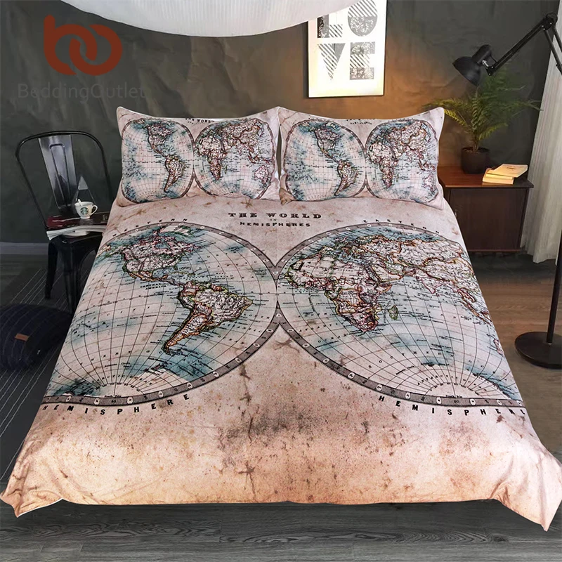 BeddingOutlet World Map Bedding Set Geography Duvet Cover Set Vintage Hemisphere Map Home Textiles Brown Blue Bedclothes 3pcs