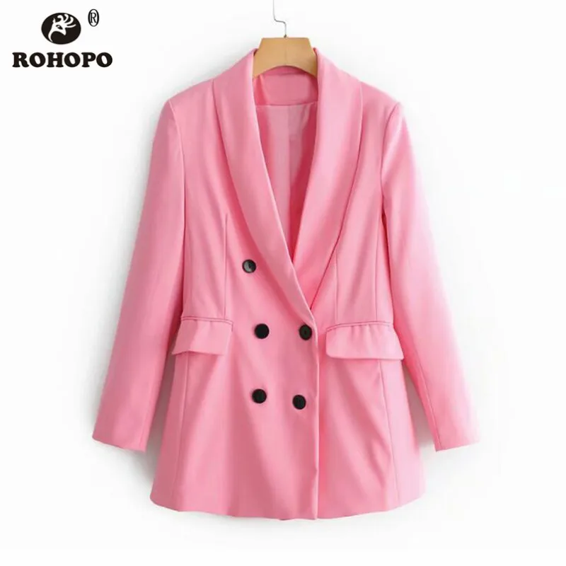 ROHOPO женский двубортный розовый блейзер Офисная Женская Осенняя Верхняя одежда Женская мода Британский Стиль Повседневная Туника Тонкий Блейзер - Цвет: Розовый