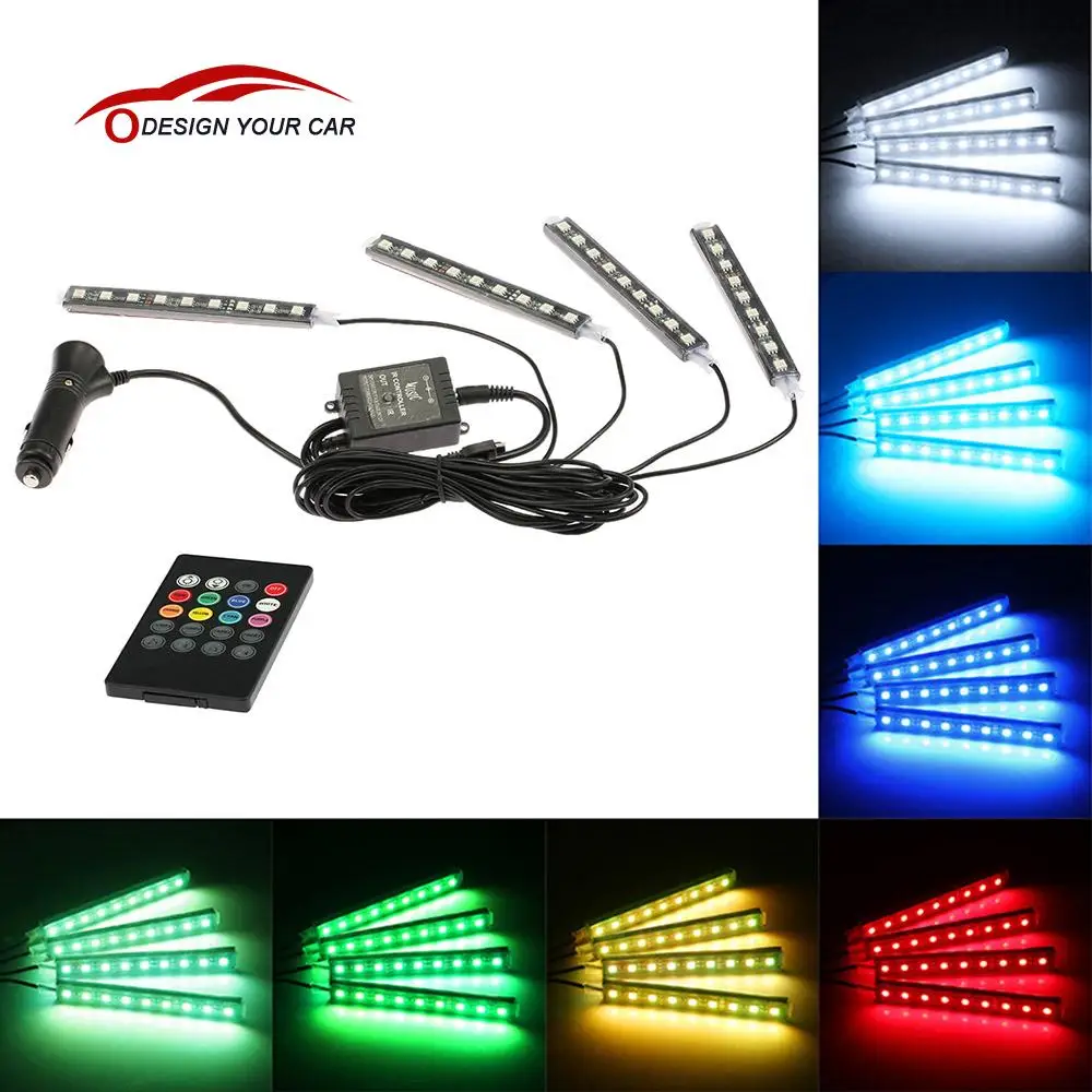 

4 in 1 Wireless Remote 7 Color RGB Music Voice Control Interior Atmosphere Light Bar Car Floor Dash LED Decoration Lamp Kit 12V