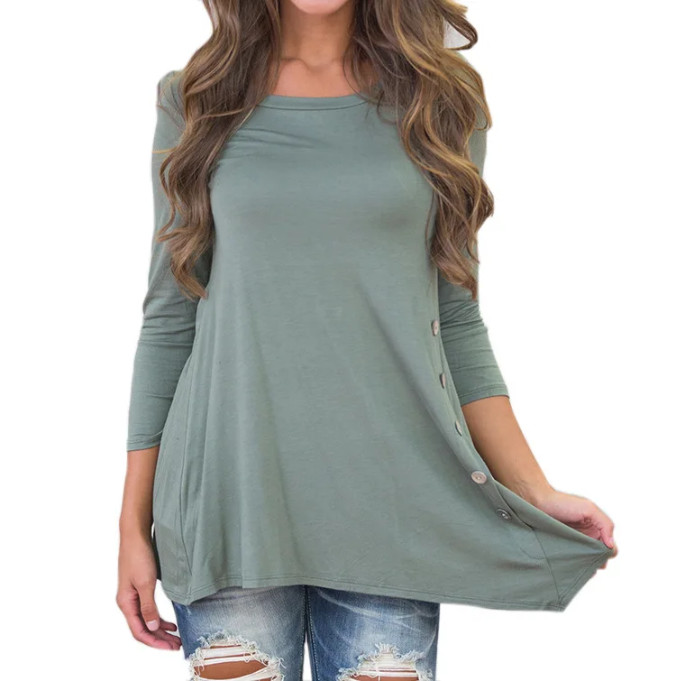

2017 EU Autumn And Winter New Women's Three Quarter Pure Color O-neck Temperament Button Long Shirt T-shirt Female