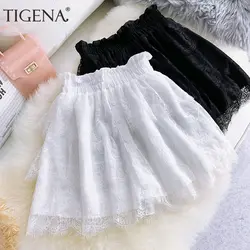 Tigena черный, белый цвет кисточкой кружевная юбка для женщин Мода 2019 г. Лето Корейская Высокая талия мини короткая с подкладкой Женская милая