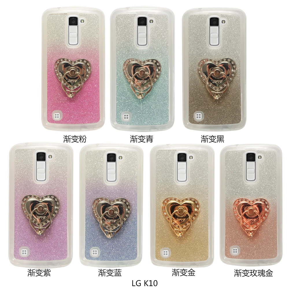 

For LG K10 Case Heart-shaped with 360 Rotate Ring Holder Stand Luxury Gradient Color Glitter Back Cover Case
