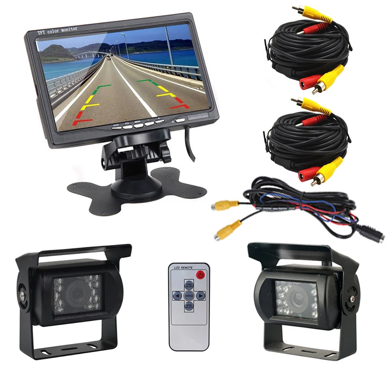 

2018 Auto 7 Inch LCD Rear View Monitor Dual Backup Cameras for Bus RV 18 IR LED Night Vision Waterproof Reverse Camera Display