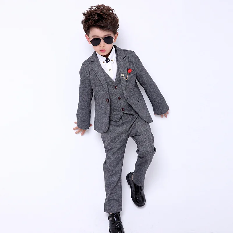 Formal wedding Flowers Boys Suit Blazer Kids Party children Tuxedo jacket Vest Pant 3pcs clothes Children Prom Ceremony Costume