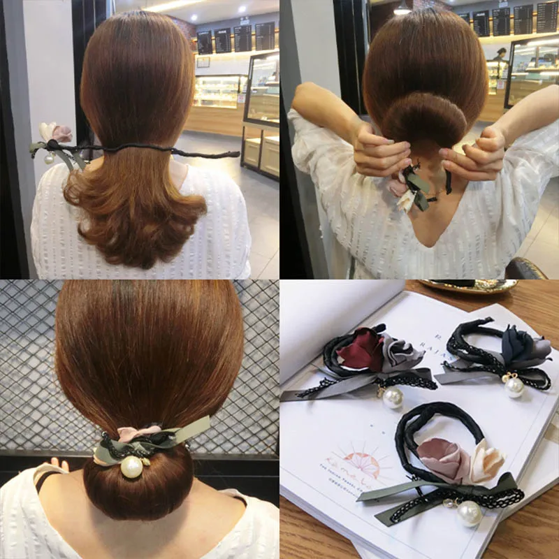 

Woman Flower Donuts Headband Magic Bun Maker Girl Hair Big Pearls Ribbon Wild Hair Ring DIY HairStyle Tool Hair Accessories