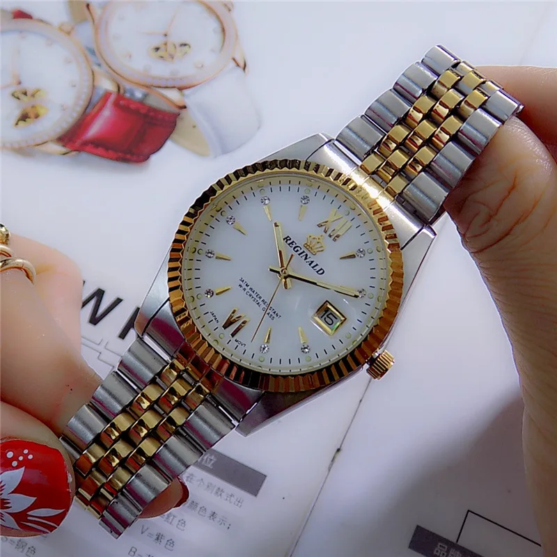 

2019 Reginald Top Brand Men Dress Style Business Watch Steel Wristband Golden Quartz Valentine's Day Present For Man Woman Lover
