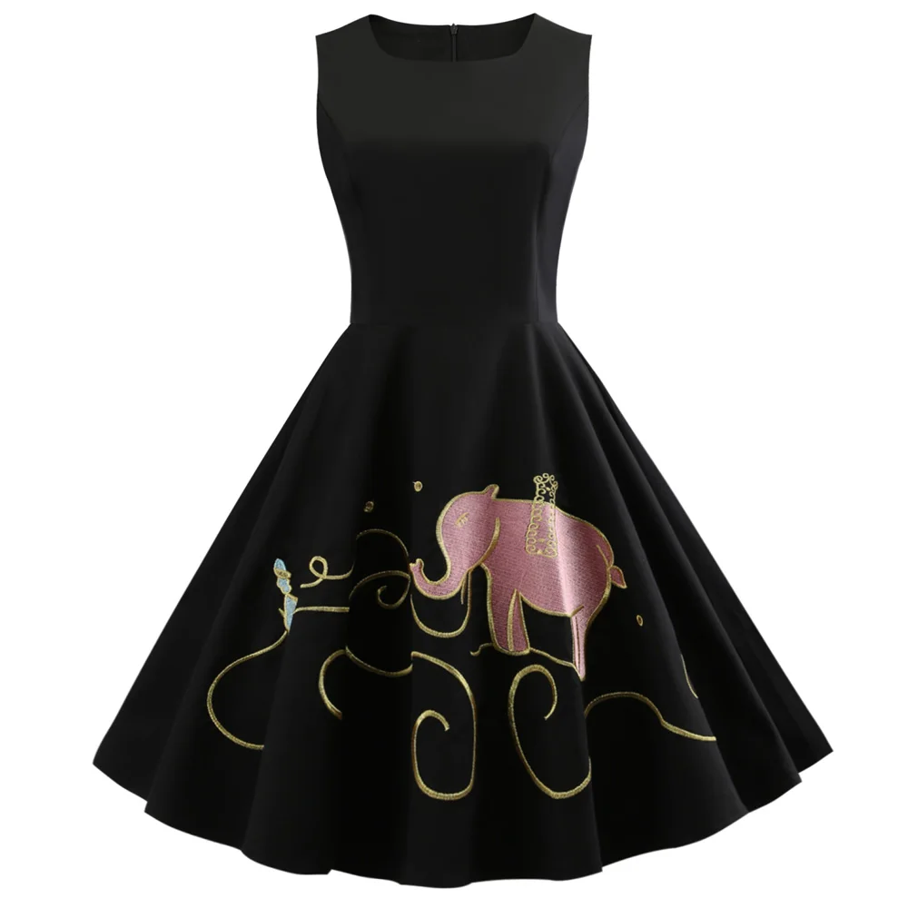 

Plus Size Elephant Embroidery Vintage Dress Women Cotton Black Sleeveless Summer Dress Swing Party Dresses femme vestidos