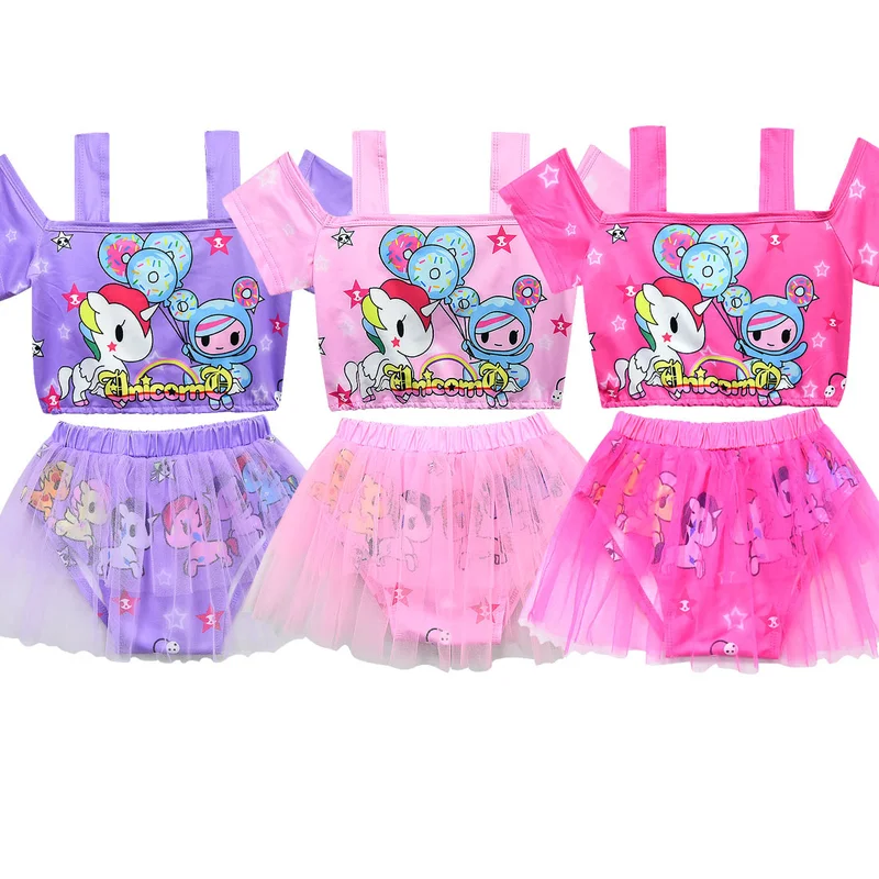 

Girls Bikini Unicorn Print Swimsuit Sling One Piece Bathing Suit Girls Cute Baby Children Mesh Skirt Animal Unicorn Swim Wear