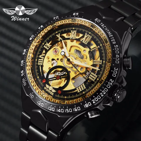 Oficial da Marca de Luxo Vencedor Ouro Relógio Masculino Automático Mecânico Negócios Relógios Esqueleto Dial Pulseira Aço Clássico Pulso