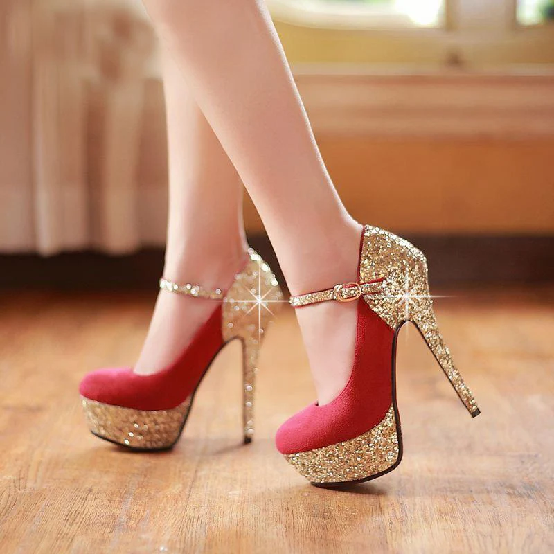 

shofoo shoes.Are 2016 new free shipping, leather cashmere fabrics, noble gold sequins high-heeled shoes, round toe pumps.