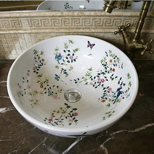 Фарфор ручной работы раковина птицы и цветы столешницы Керамика Ванная комната раковина